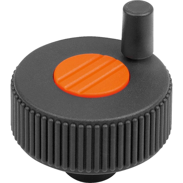Knurled Knob W Handle Size:1, D1=40, Form:M W.Transv.Bore, Plastic Black, Comp:Steel Cap:Orange